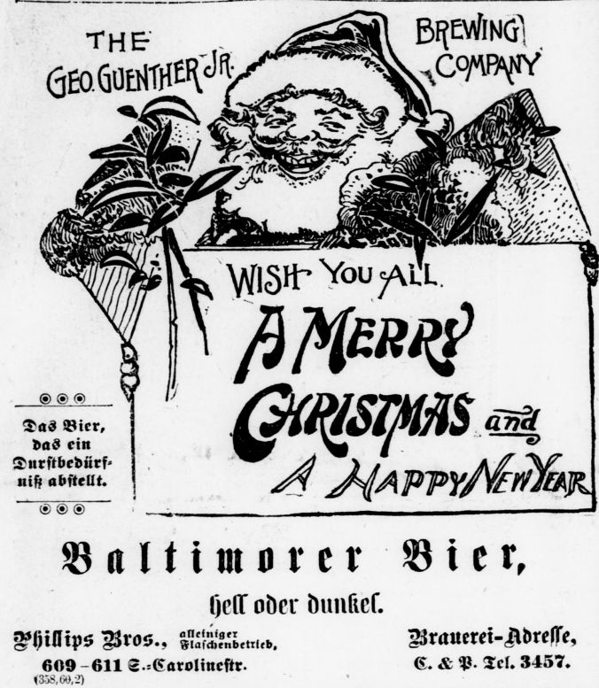 Image of Santa Claus with text "Wish you all A Merry Christmas and A Happy New Year" from Der Deutsche Correspondent, December 24, 1900.
