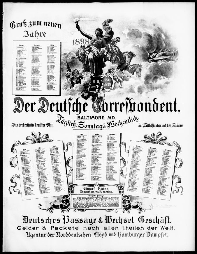 Calendar for 1898 printed in Der Sonntags-Correspondent, December 24, 1897.